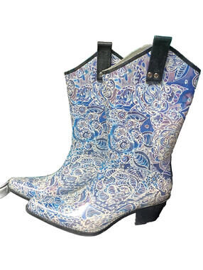 blue Paisley print Nomad Cowboy rain boots womens 11 rubber wellies